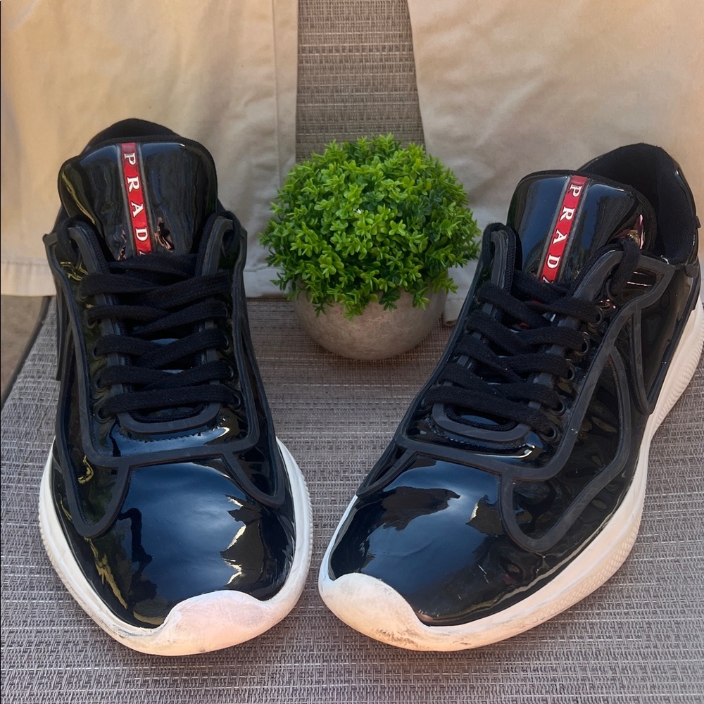 Prada America’s Cup  Black Patent Leather Low-Top Sneakers